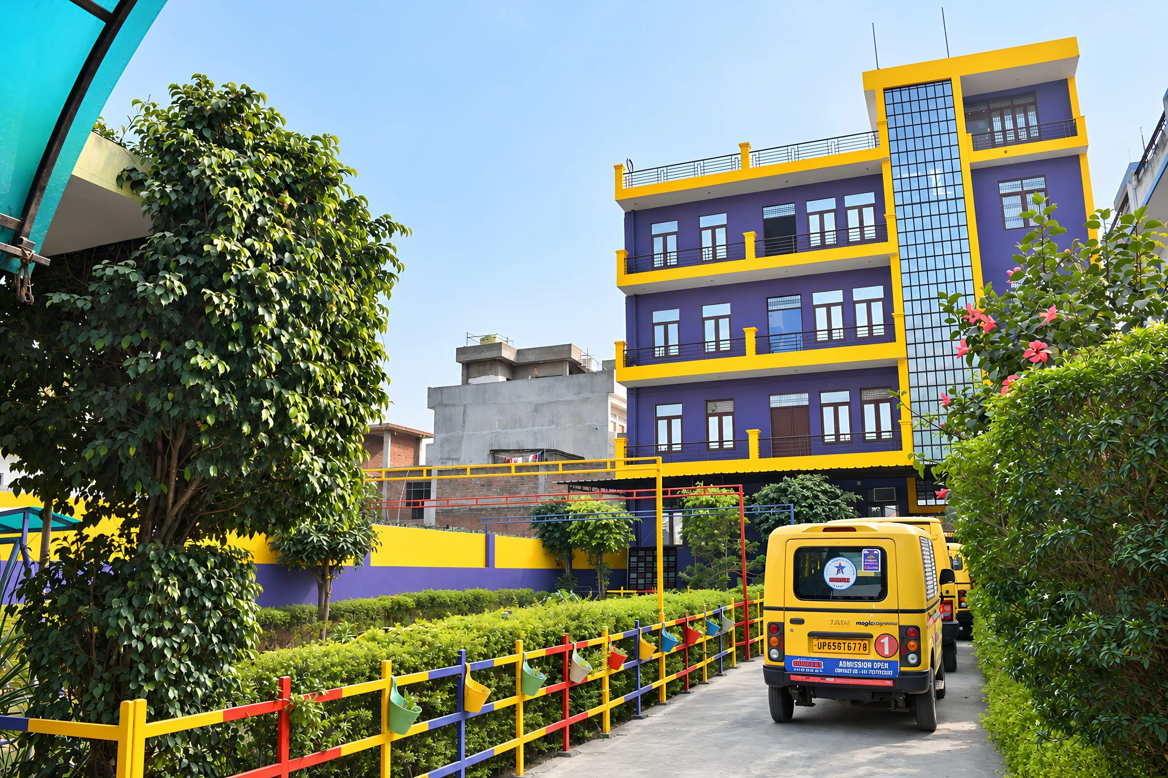 The purple and yellow school building, with a school van in the driveway