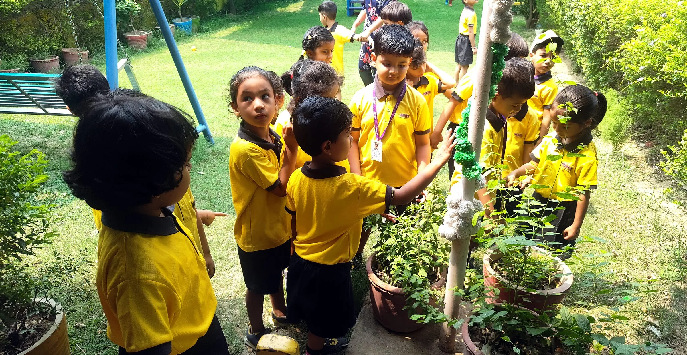 Children in uniform gathered round potted plants in the garden, looking at the leaves