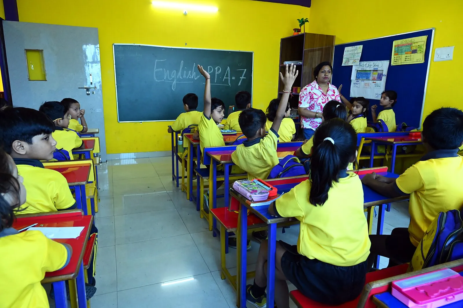 A class from the back, two hands up, the teacher at the front by the board