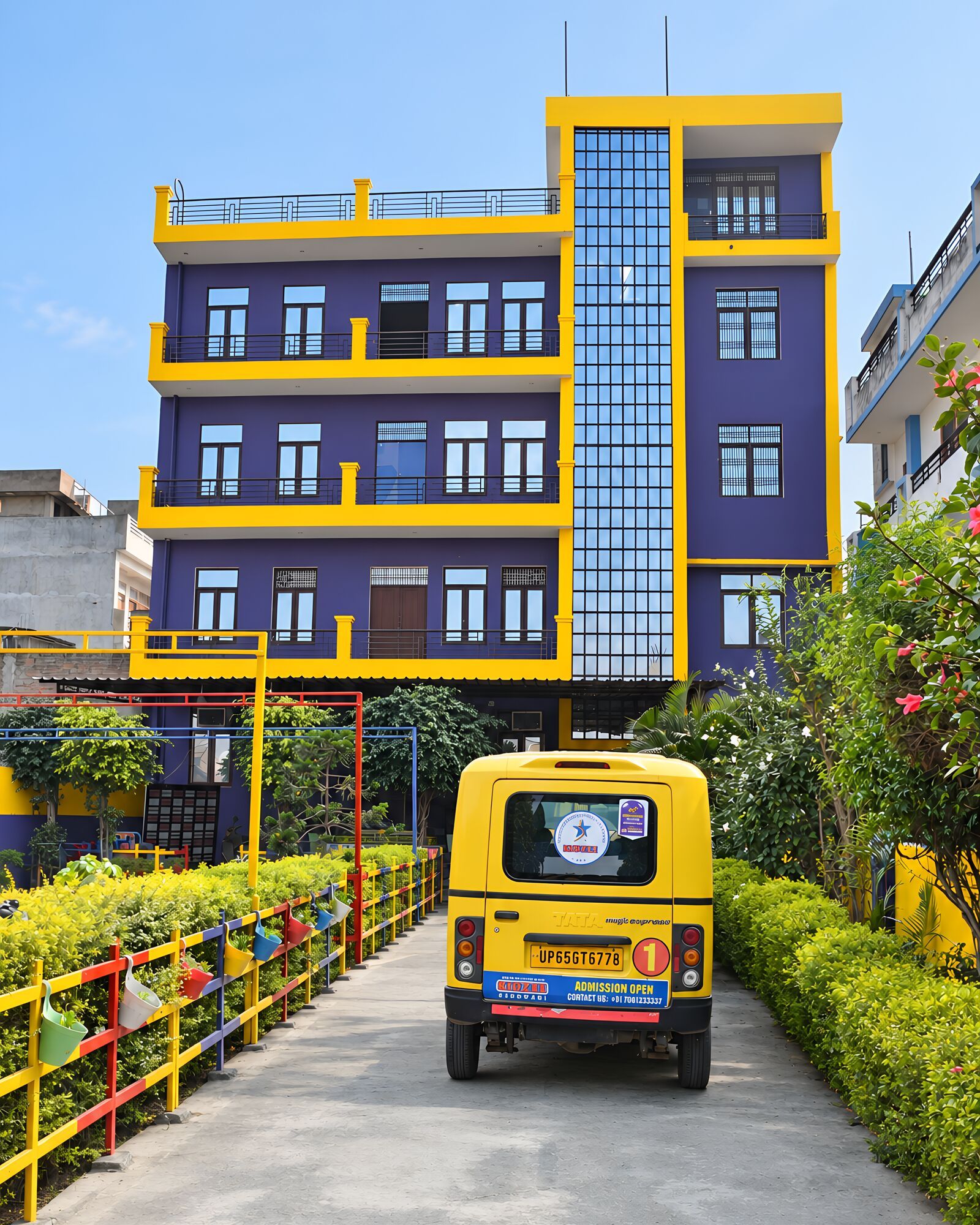 The front of the purple and yellow school building, a school van in the driveway between hedges